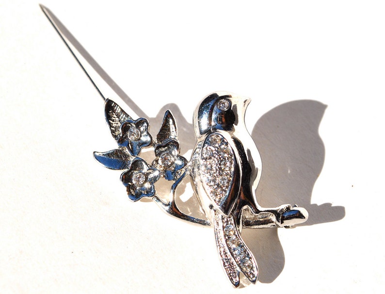 Vintage bird on a branch pin, 1980s brooch with rhinestones image 4