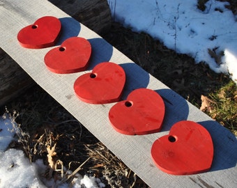 6" Wood red hearts, set of 5, hand made of cedar, Valentine hearts, hand cut and hand painted, Valentine craft supplies