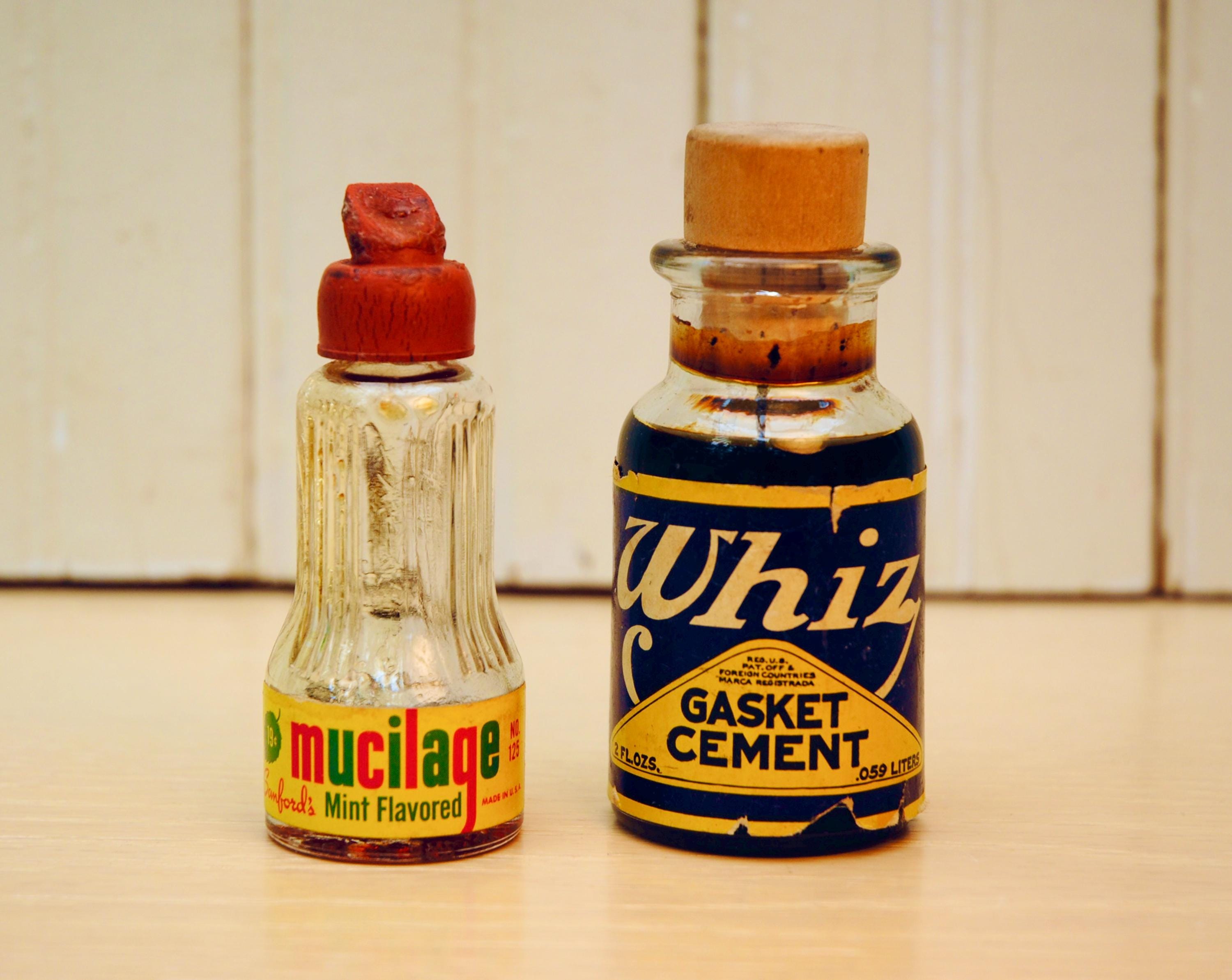 Vintage 1950s Glass Bottles: Sanford Mucilage & Whiz Gasket Cement