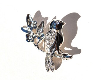 Vintage bird on a branch pin, 1980s brooch with rhinestones
