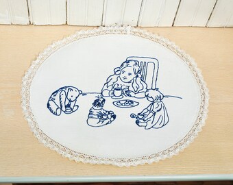 1930s teddy and dolls tea party embroidery, stiff cotton, lace, navy and white, exquisitely sewn, EXCELLENT condition!