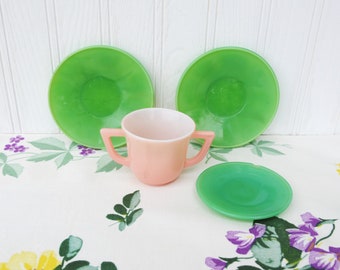 1940s jadite childs saucers, pink sugar bowl, Akro Agate slag glass lot tea set dishes