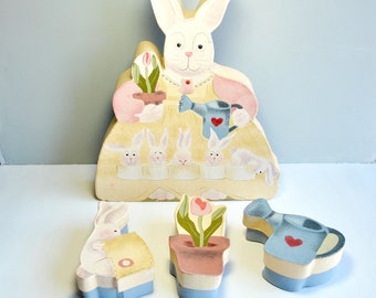 Mama bunny box with little boxes, baby bunny, tulips, watering can little boxes, Set of 4 boxes, NOS