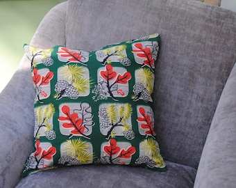 Vintage Bark Cloth Pillow Cover: 1950s Fall Leaves & Pine Cones