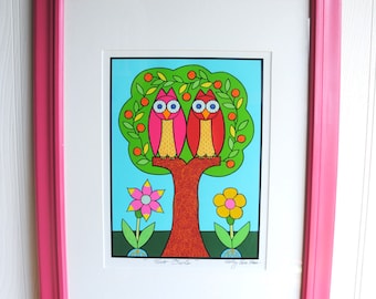 Two Owls print by Holly Sue Foss, signed & framed, 18.5" x 14.5"