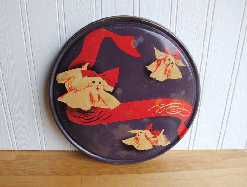 1950s button tin with Maltese dogs, red bows, vintage sewing tin, very different design image 4