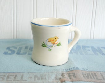 1930s child's cup mug with chick in egg design, blue trim, EXCELLENT!