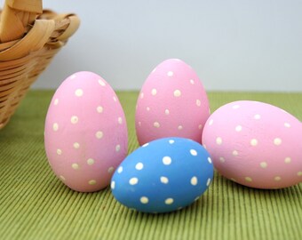 Farmhouse polka dot Easter eggs, 4 hand painted wood eggs, 3 large pink, one small blue polka dotted egg Easter egg