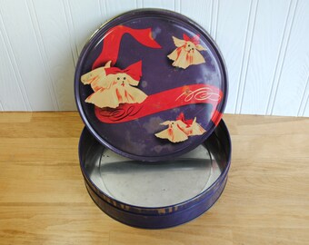 1950s button tin with Maltese dogs, red bows, vintage sewing tin, very different design!