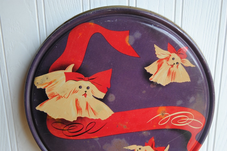 1950s button tin with Maltese dogs, red bows, vintage sewing tin, very different design image 8
