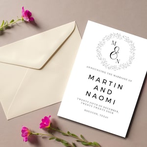 Digitale aanpasbare elegante bruiloftsuitnodiging - modern zwart-wit kransontwerp, bewerkbare canvassjabloon, gepersonaliseerde e-uitnodiging