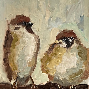 Pintura a óleo de pássaro, pardal, arte de pássaro, pássaro semi-abstrato, pardal, arte de pássaro, pintura a óleo, decoração de parede, 6 por 8, pequenos pássaros fofos, presente para amantes