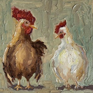 Pintura de galinha com galo, arte original de animal, pintura de natureza, paisagem, semi-abstrata, arte fina, 8 por 8, arte de parede de galinha, pintura de galo
