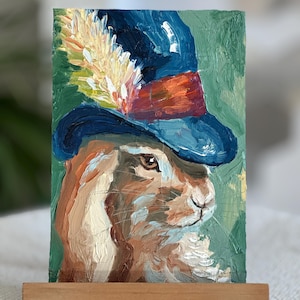 Pintura de conejito, arte original, conejito con sombrero, pintura de empaste, pintura de conejo, lienzo, pintura al óleo 3D, semiabstracta, 6 por 8, regalo de Pascua
