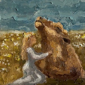 Cow Painting Cow with Girl Original Art Animal Impasto Painting Landscape Painting Canvas 3d Oil Semi Abstract 8 by 8 Art Cow Painting