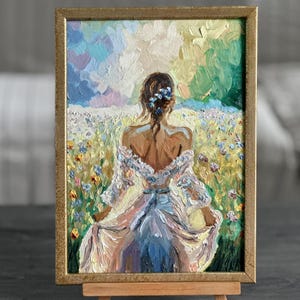 Mujer pintando niña arte original paisaje pintura cuento de hadas pintura lienzo 3d pintura al óleo 12 por 8 enmarcado regalo para ella