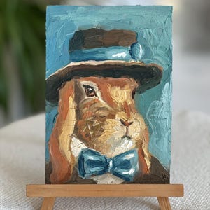 Pintura de conejo, arte original, conejito con sombrero, pintura de empaste, pintura de conejo, lienzo, pintura al óleo 3D, semiabstracta, 6 por 8, regalo de Pascua