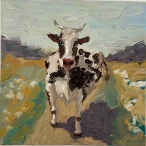 Cow Painting Cow Run Original Art Animal Impasto Painting Landscape Painting Canvas 3d Oil Painting Semi Abstract 8 by 8 Art Cow Painting