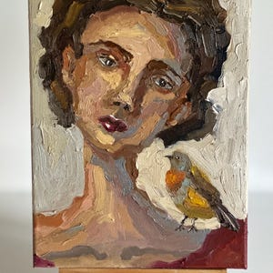 Woman Face Artwork Semi Abstract Portrait Oil Painting Original Art Diverse Woman with Bird Portrait  Woman Face Painting Fine Art
