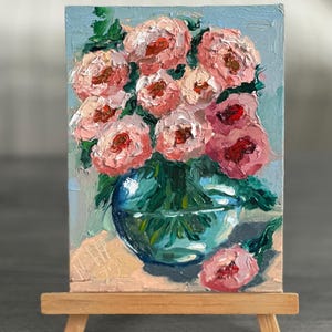 Pintura de peonías, arte floral original, pintura de peonías empaste, pintura de flores, lienzo, pintura al óleo 3D, semiabstracta, obra de arte de 6 por 8