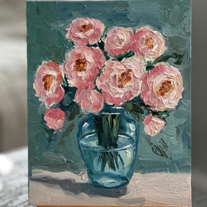 Pintura de peonías, arte floral original, pintura de peonías empastadas, pintura de flores, lienzo, pintura al óleo 3D, pintura de pared semiabstracta de 8 x 10