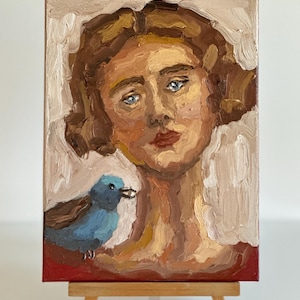 Woman Face Artwork Semi Abstract Portrait Oil Painting Original Art Diverse Woman with Bird Portrait Woman Face Painting Fine Art