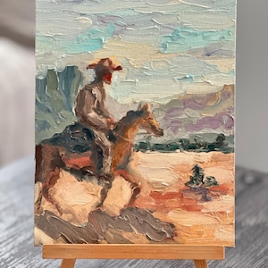 Pintura de vaquero Vaquero a caballo Arte original Pintura de rancho Pintura de vaquero Lienzo Pintura al óleo 3D Obra de arte semiabstracta Arte paisajístico
