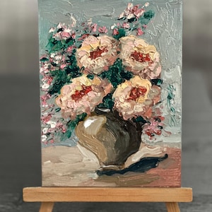Pintura de peonías, arte floral original, pintura de peonías empaste, pintura de flores, lienzo, pintura al óleo 3D, semiabstracta, arte de 6 por 8 pulgadas