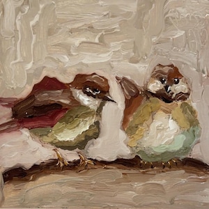 Pintura a óleo de pássaros, pardal, arte de pássaro, semi-abstrato, pintura a óleo, decoração de parede, 8 por 8, pequenos pássaros fofos, presente para amantes