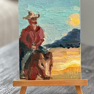 Pintura de cowboy Texas Arte original Cavalo e pintura de cowboy Ranch Semi Abstrato Belas artes 6 por 8 Pintura de paisagem Cavalo Pintura a óleo