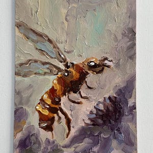 Pintura de abejas, arte original, empasto floral, pintura al óleo de abejas, flores, pintura de abejas, lienzo, pintura al óleo 3D, semiabstracta, obra de arte de 6 por 8