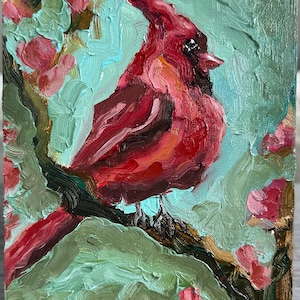 Pinturas al óleo de pájaros, arte original de pájaro cardenal, obra de arte de pájaro empasto, pintura al óleo 3D, decoración de pared semiabstracta, 6 por 8, pequeño y lindo pájaro