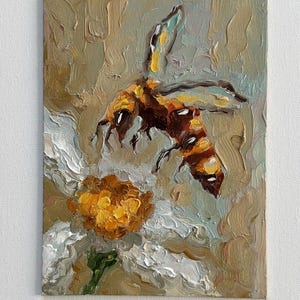 Pintura de abejas, arte original, empasto floral, pintura al óleo de abejas, flores, pintura de abejas, lienzo, pintura al óleo 3D, semiabstracta, obra de arte de 6 por 8