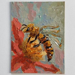 Pintura de abejas, arte original, empasto floral, pintura al óleo de abejas, flores, pintura de abejas, lienzo, pintura al óleo 3D, semiabstracta, obra de arte de 6 por 8