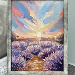 Pintura de lavanda francesa, arte floral original provenzal, pintura de flores en empasto, lienzo 3D, pintura de paisaje al óleo, 16 x 12 pulgadas.