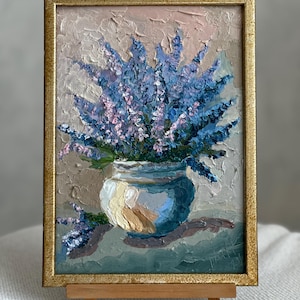 Pintura de lavanda, arte floral original provenzal, pintura de flores en empasto, lienzo, pintura al óleo 3D, semiabstracta, 12 x 8, enmarcada.