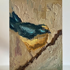 Pintura al óleo de pájaro, obra de arte de pájaro azul, obra de arte de pájaro semiabstracta, pintura al óleo, decoración de pared, 6 por 8, pequeños y lindos pájaros, regalo para amantes