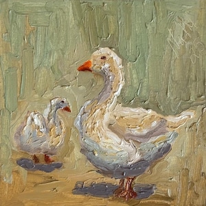 Pintura de pato blanco en el prado, patos, arte animal original, pintura de la naturaleza, paisaje, arte semiabstracto, 8 por 8, pintura de pato en la naturaleza.