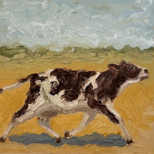 Cow Painting Cow Run Original Art Animal Impasto Painting Landscape Painting Canvas 3d Cow Oil Painting Semi Abstract 8 by 8 Cow Painting