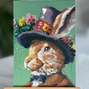 Pintura de conejo, arte original, pintura de conejo empastada, pintura de conejo, lienzo, pintura al óleo 3D, obra de arte semiabstracta de 6 por 8, regalo de Pascua