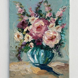 Pintura de peonías, arte floral original, peonías rosas, pintura de flores en empasto, lienzo, pintura al óleo 3D, semiabstracta, obra de arte de 6 por 8 pulgadas