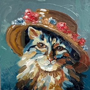 Peinture chat chaton original art animal empâtement peinture chat au chapeau peinture toile 3d peinture à l'huile semi-abstraite 8 x 8 art kitty peinture