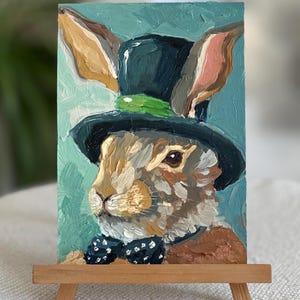Pintura de conejo, arte original, conejito con sombrero, pintura de empaste, pintura de conejo, lienzo, pintura al óleo 3D, semiabstracta, 6 por 8, regalo de Pascua