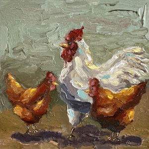Pintura de galinha com galo, arte original de animal, pintura de natureza, paisagem, semi-abstrata, arte fina, 8 por 8, arte de parede de galinha, pintura de galo