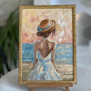 Mujer pintando mar arte original mujer pintura empaste verano pintura lienzo 3d pintura al óleo semiabstracta 12 por 8 arte de paisaje enmarcado