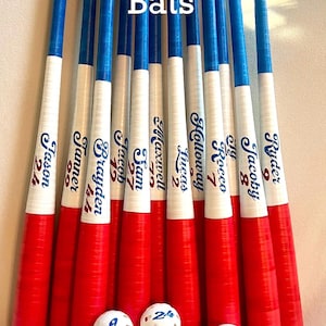 May include: A collection of custom baseball bats and baseballs. The bats are red, white, and blue with names and numbers. The baseballs are white with blue numbers. The text "Custom Team Bats" is visible.