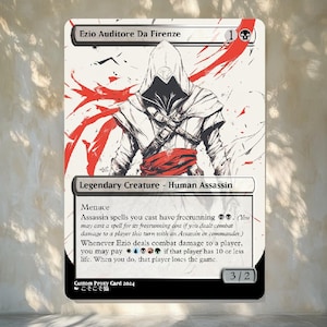 May include: Custom proxy card featuring Ezio Auditore da Firenze, a Legendary Creature - Human Assassin. The card has a white background with a sketch-like illustration of the character, accented by red brushstrokes. The card text includes "Menace" and other game-related details.