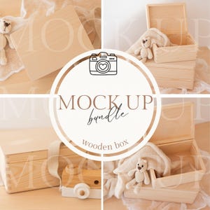 Könnte beinhalten: Ein Mockup-Bundle mit hellfarbenen Holzkisten, einer Spielzeugkamera und einem Teddybären. Die Kisten sind offen und geschlossen, mit einer weichen Decke im Inneren. Der Text "MOCK UP bundle wooden box" befindet sich in der Mitte.