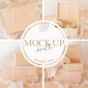 Puede incluir: Un paquete de maquetas con varias cajas de madera de color claro, algunas abiertas y otras cerradas, dispuestas sobre una superficie clara con una tela suave y drapeada. El texto "MOCK UP bundle wooden box" está en el centro.
