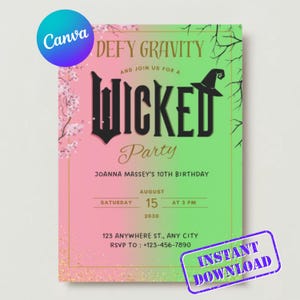 Carte d'invitation de fête Wicked pour un anniversaire, modèle sur toile d'invitation modifiable rose et vert d'inspiration WICKED, thème Elphaba et Glinda